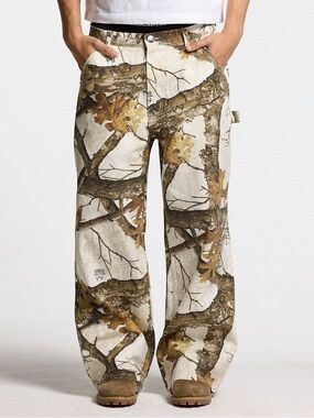 Camo Tree Print Carpenter Pants - White & Brown